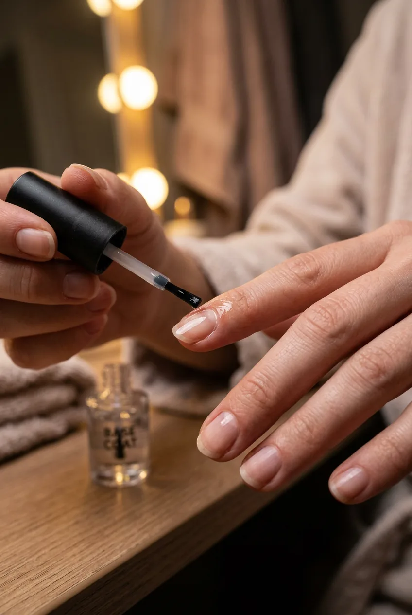 Close-up side angle of clear base coat being applied to natural nail with small brush under warm lighting