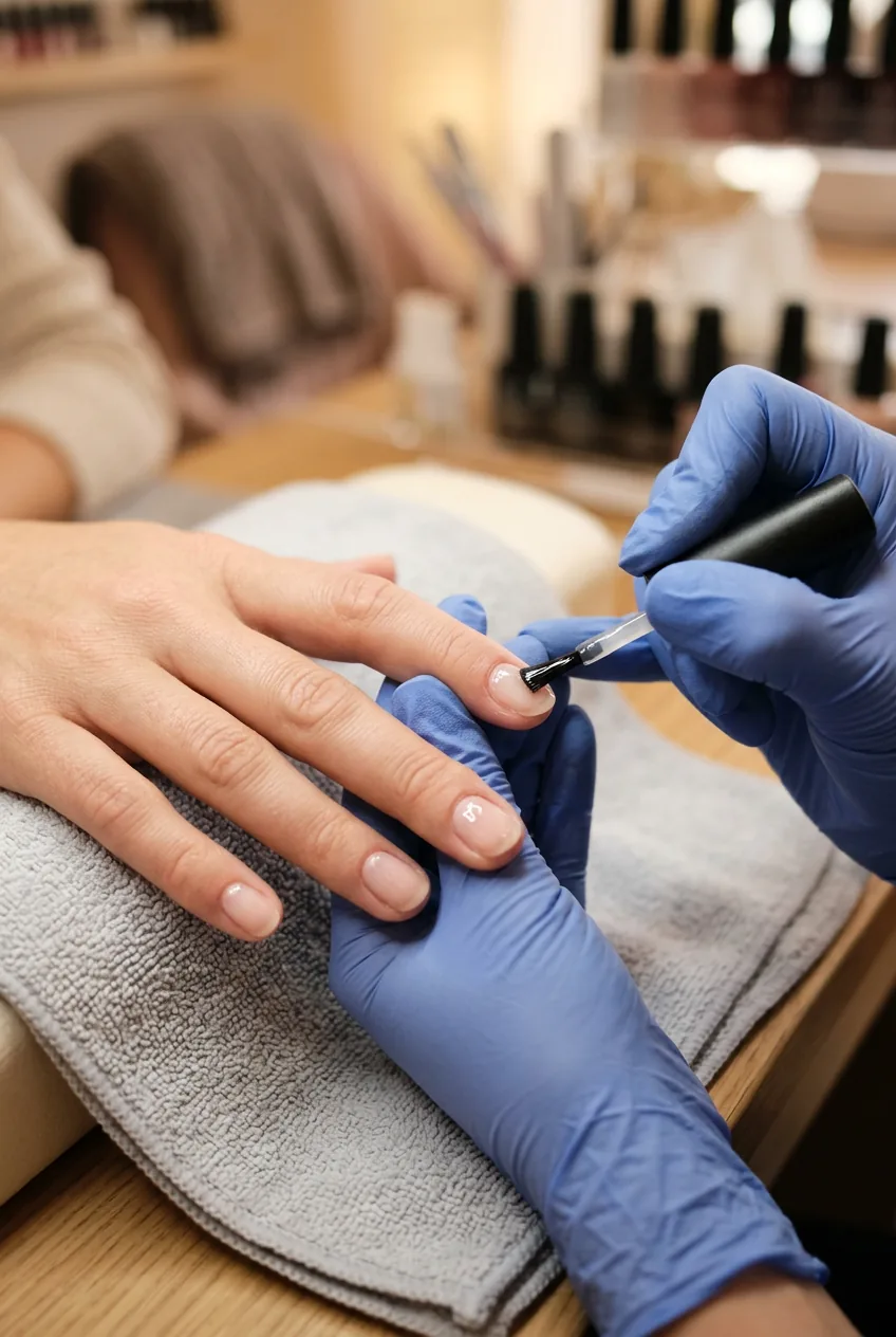 Close-up of nail technician applying clear base coat to woman's short natural nails with professional brush