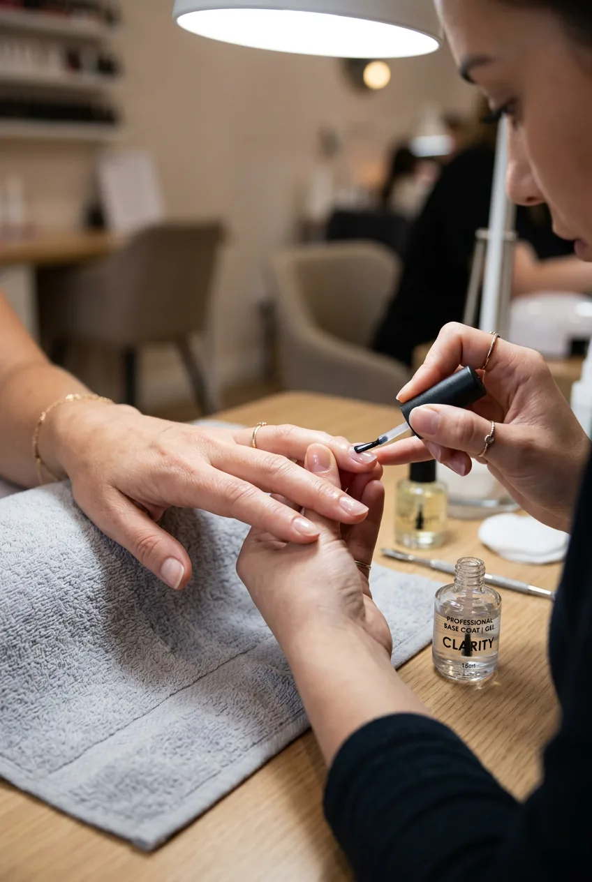 Clear base coat being applied to prepared fingernails with professional brush technique