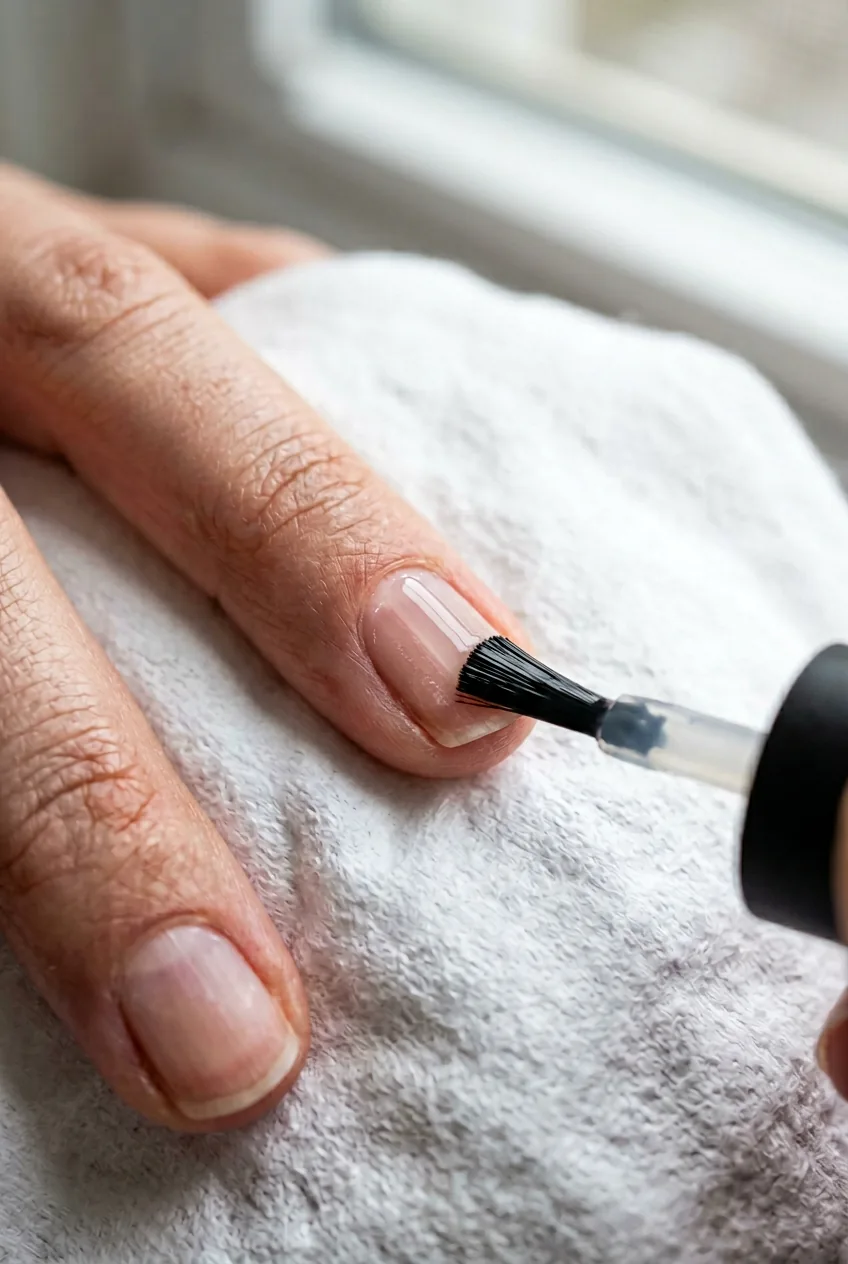Nail brush applying a thin clear base coat in a single stroke down the centre of a bare nail on a white surface