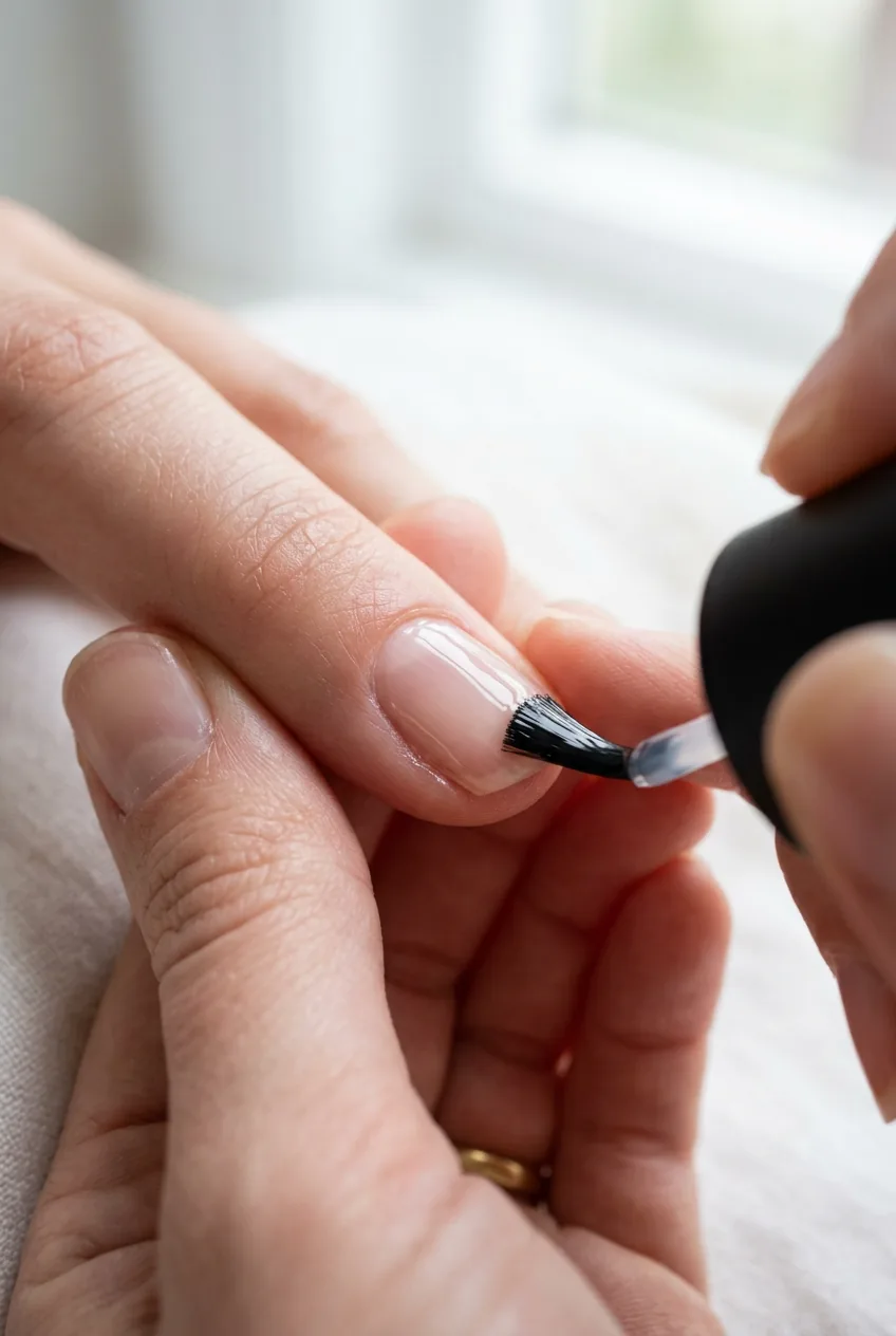 Polish brush mid-stroke applying a thin clear base coat ribbon down the center of a nail