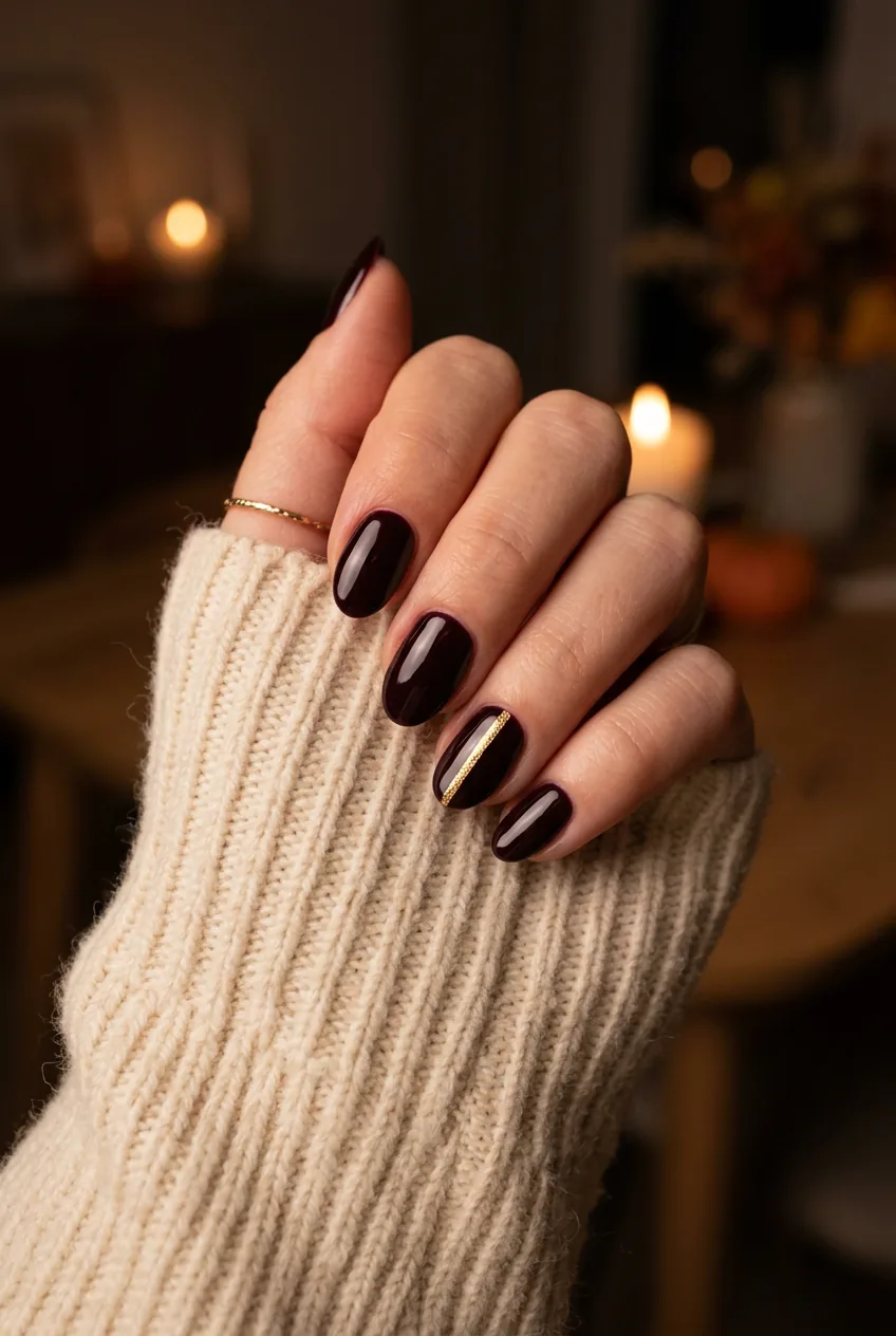 Close-up of manicured hand with almost-black cherry nails and single gold foil accent stripe on ring finger against cream wool