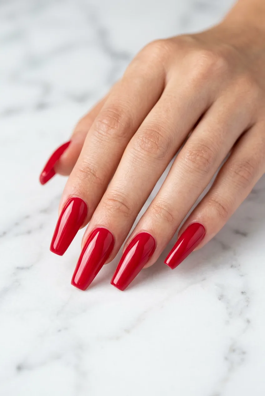 Long coffin nails in high-saturation cherry red with mirror-shine top coat photographed on white marble in bright studio light