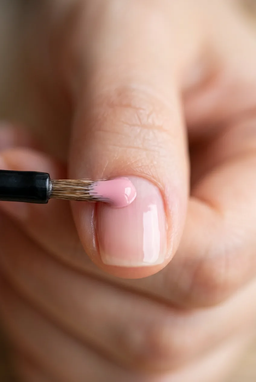 Extreme close-up of a polish brush positioned just below the cuticle line with a small bead of pink polish