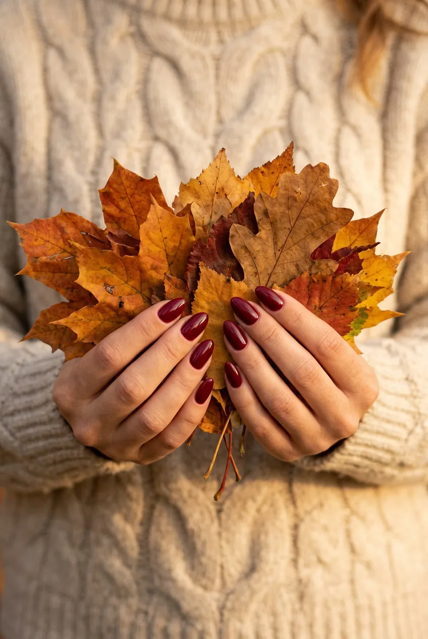 Hands with burgundy red manicure holding colorful autumn leaves against knit sweater
