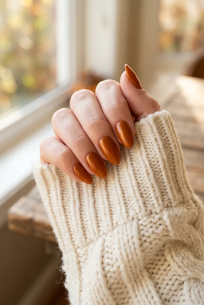 Close-up of manicured hand with warm burnt caramel satin nails against cream textured wool sweater sleeve in morning light