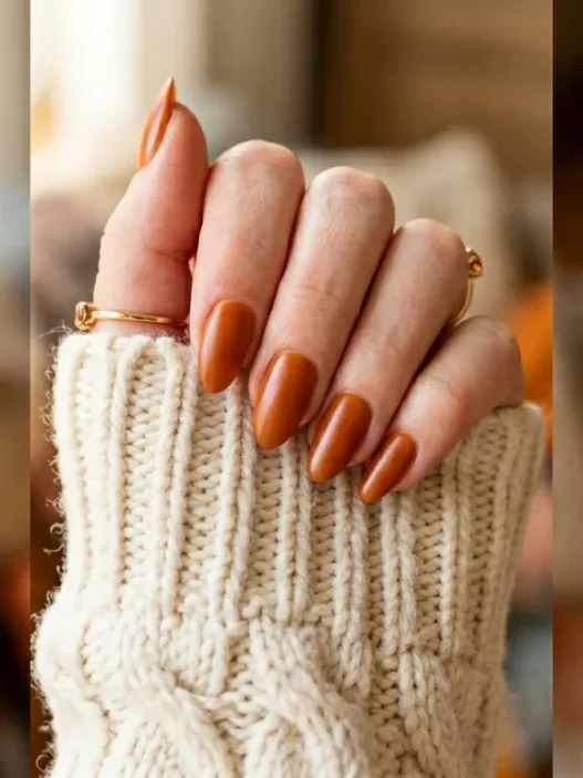 Close-up of hand with burnt caramel satin nails resting on cream chunky knit sweater cuff in warm autumn light