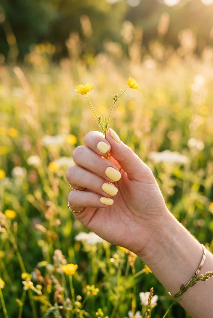 Hand with butter yellow gel nails holding a small yellow wildflower stem in golden afternoon sunlight
