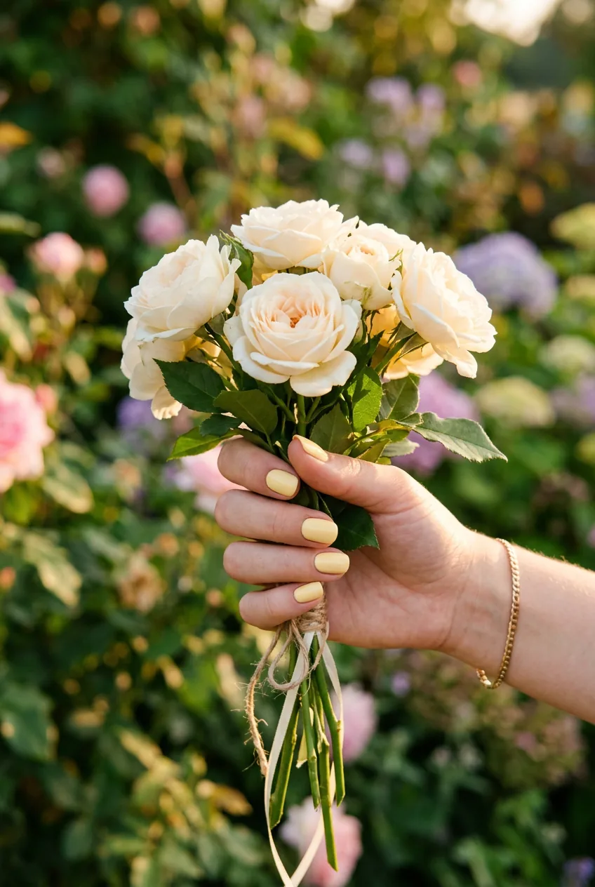 Manicured hand with butter yellow nails holding small cream garden roses in warm golden hour light
