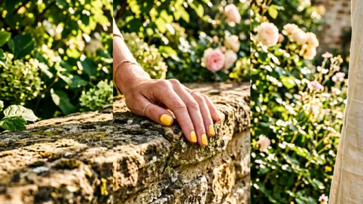 Close-up of a hand with butter yellow nails resting on a sunlit garden wall in warm afternoon light