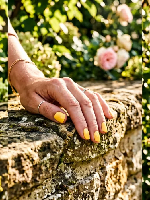 Close-up of a hand with butter yellow nails resting on a sunlit garden wall in warm afternoon light