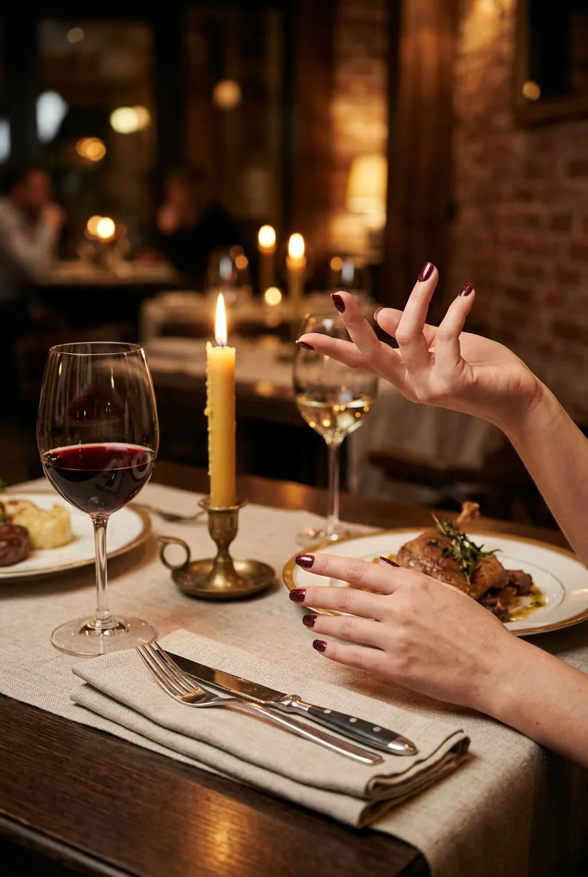 Professional hands with burgundy shimmer nails gesturing over candlelit restaurant table with wine glass