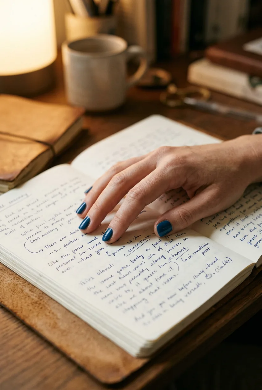 Close-up of a hand with cerulean blue polish resting on an open journal page under warm desk lamp light