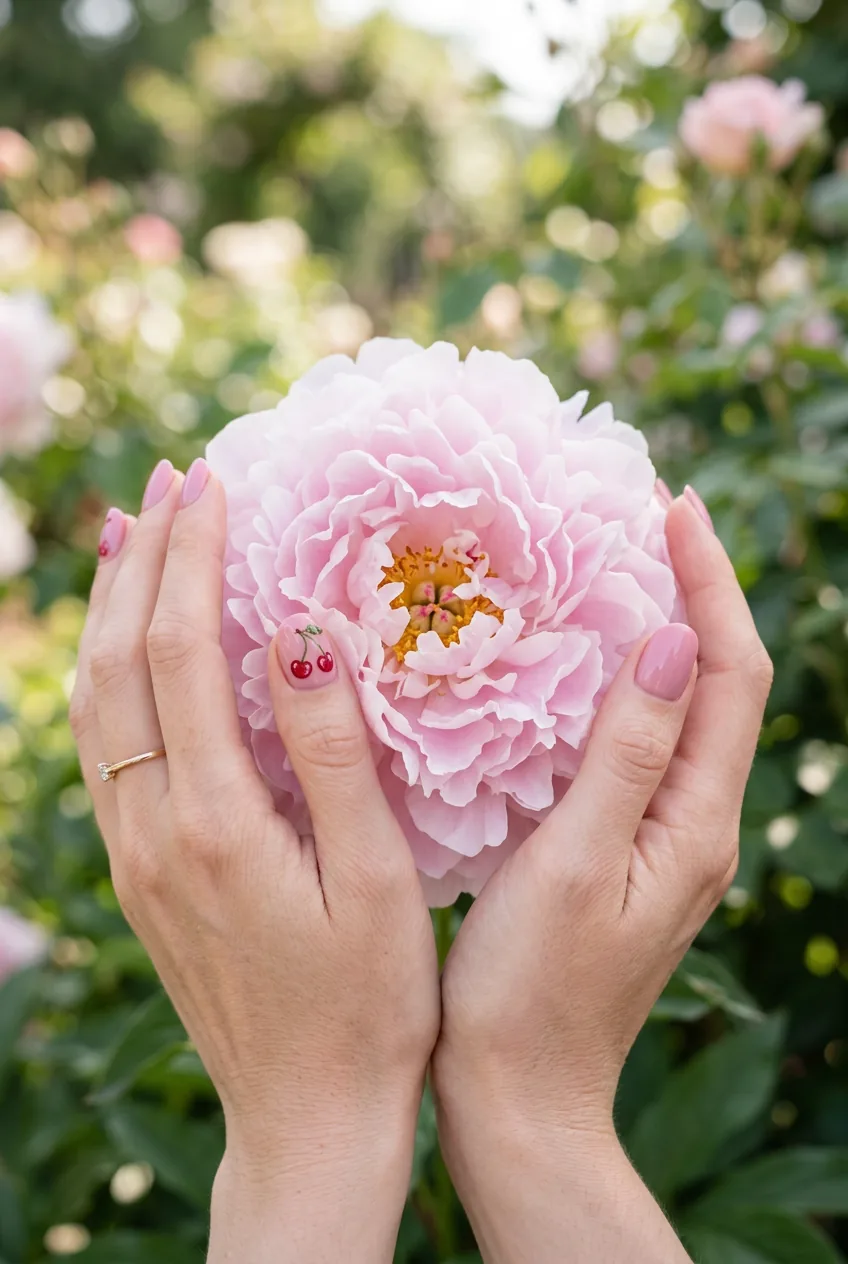 Hands holding a pale peony bloom with dusty pink nails featuring tiny hand-painted red cherry fruit details