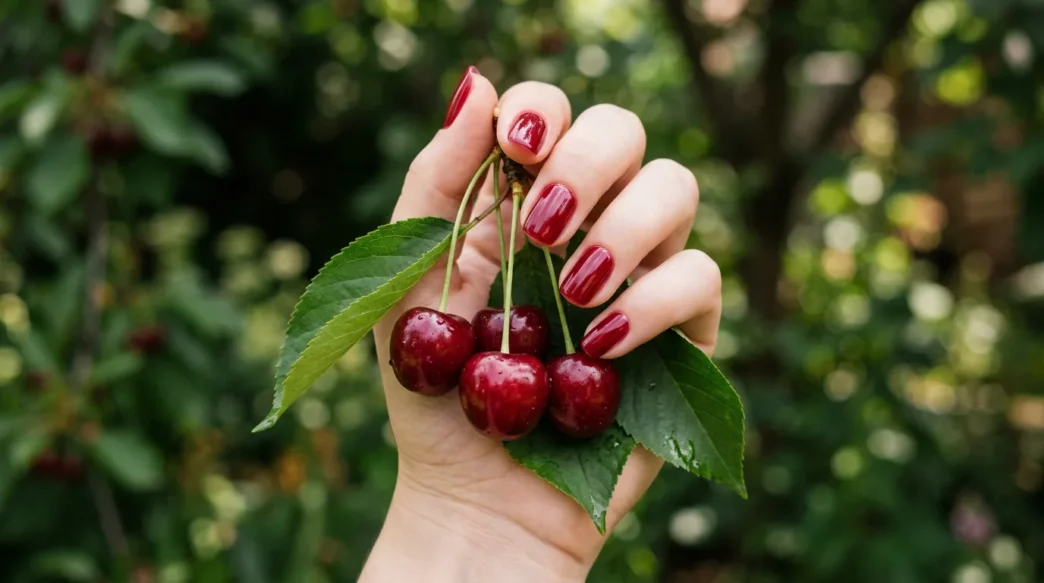 Close-up of a hand holding a red cherry cluster with shiny cherry-red gel nails visible against a blurred garden background