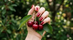 Close-up of a hand holding a red cherry cluster with shiny cherry-red gel nails visible against a blurred garden background