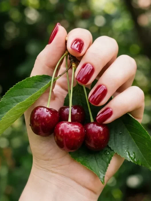 Close-up of a hand holding a red cherry cluster with shiny cherry-red gel nails visible against a blurred garden background