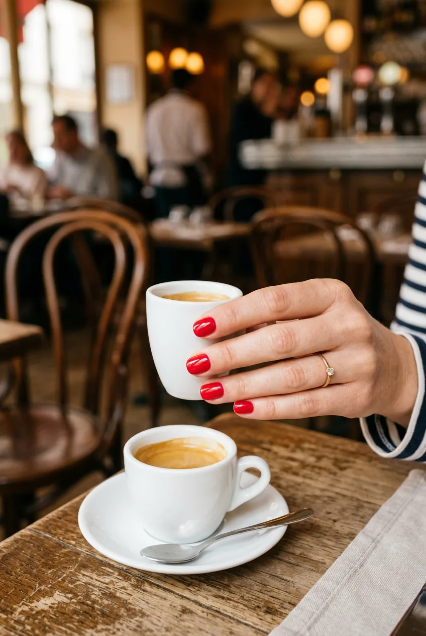 Close-up of a woman's hand with cherry red nails holding a small white espresso cup at a bistro