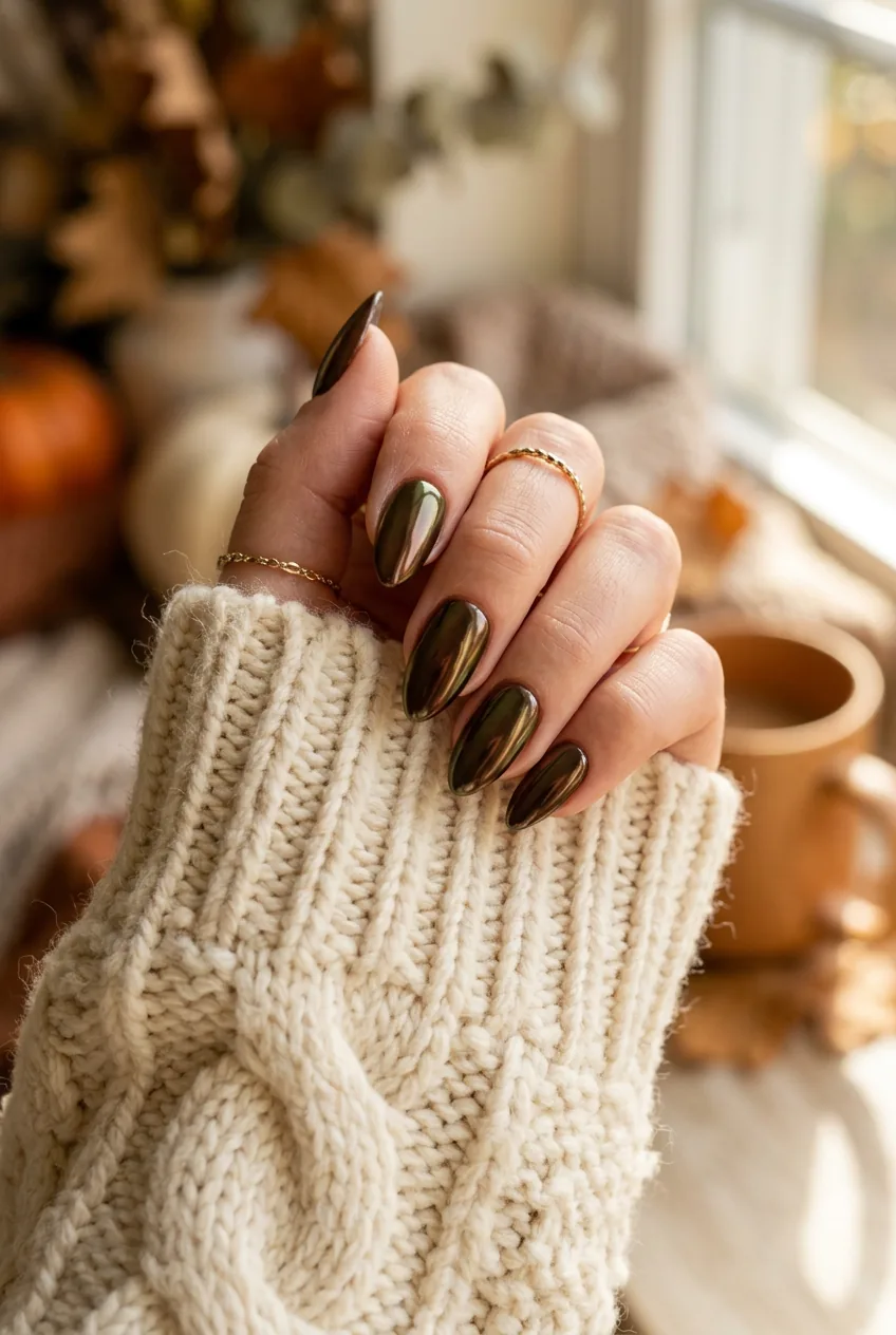 Close-up of hand with chocolate espresso chrome mirror nails catching warm directional light on cream chunky knit sweater cuff