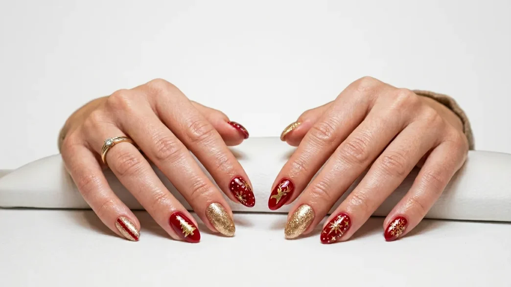 Woman's hands displaying completed Christmas nail art with red and gold festive design on salon table