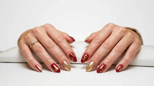 Woman's hands displaying completed Christmas nail art with red and gold festive design on salon table