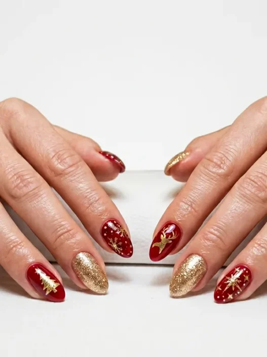 Woman's hands displaying completed Christmas nail art with red and gold festive design on salon table