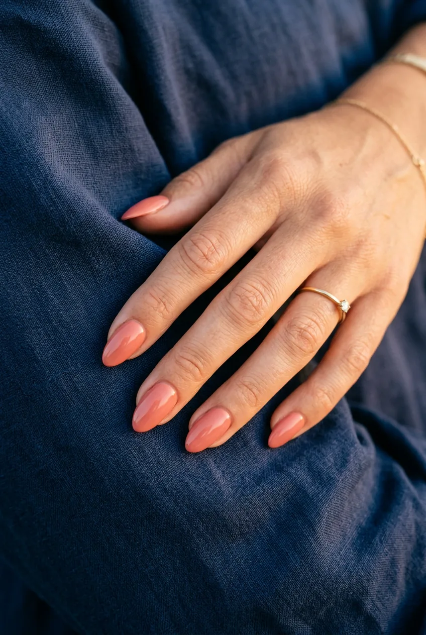 Classic coral nails with sophisticated sunset tone resting against navy blue fabric