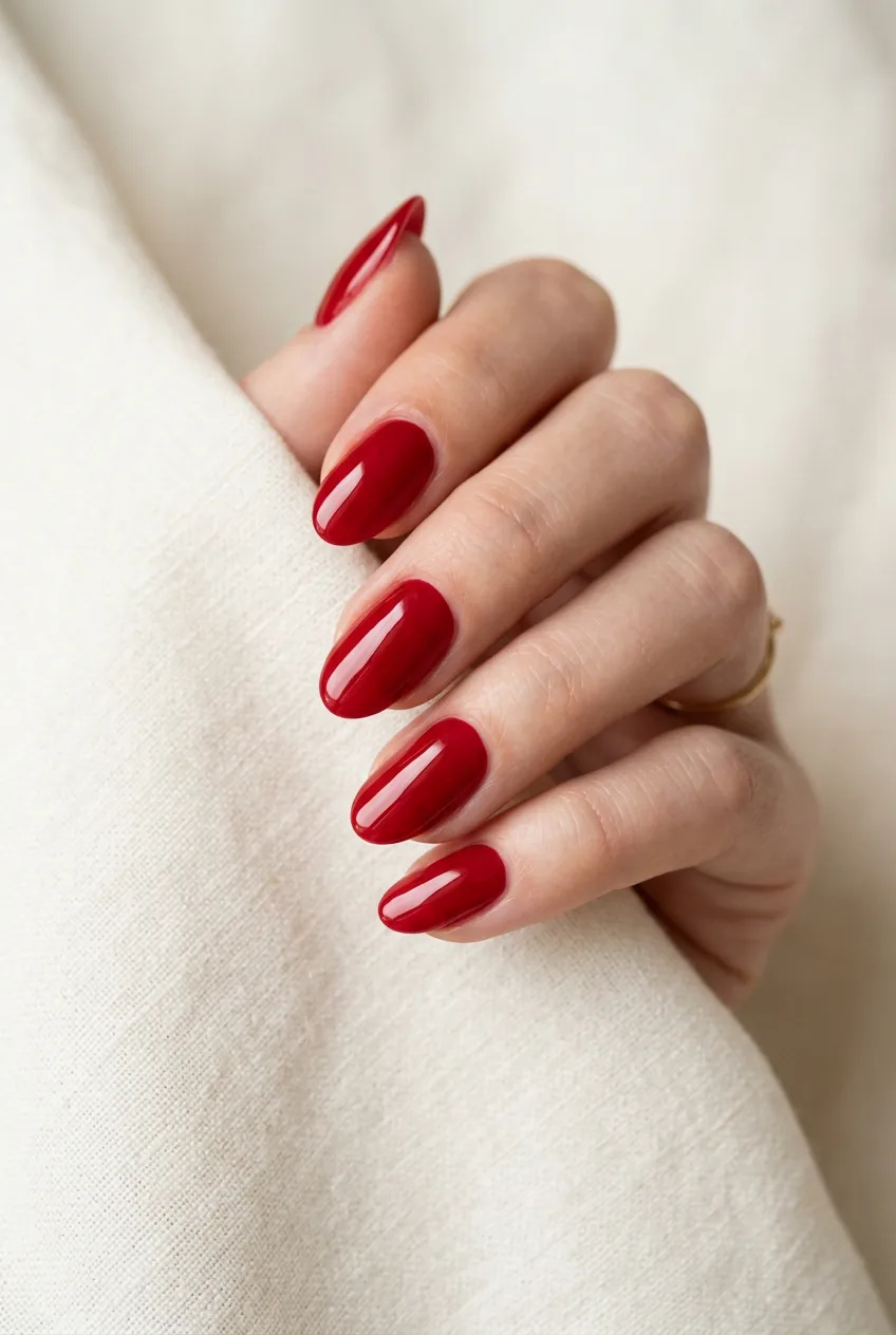 Woman's hand with oval nails in classic Hollywood red showing perfect glossy true red finish