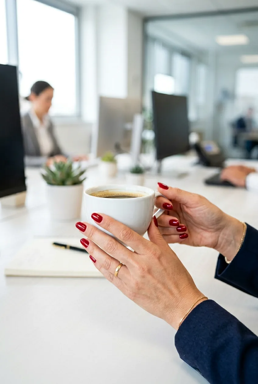 Professional woman's hands with classic red manicure holding white coffee cup in office setting
