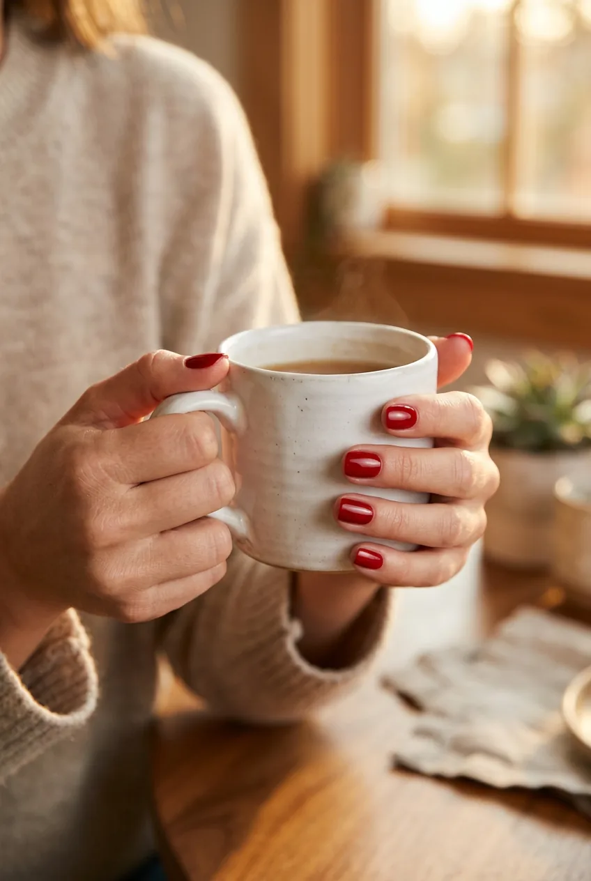 Woman's hands with perfectly manicured short nails in classic red polish holding white mug