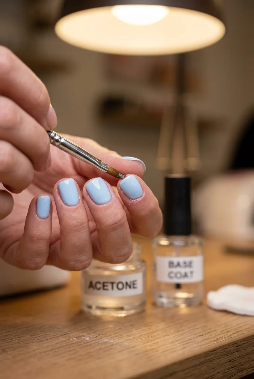 Close-up of a fine cleanup brush removing excess baby blue nail polish from the cuticle skin edge under warm salon lighting