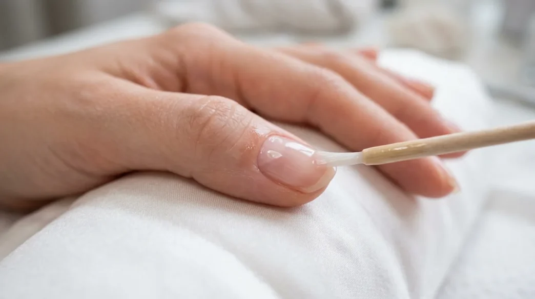 Close-up of clear base coat being brushed onto a freshly prepped nail resting on white silk in diffused daylight