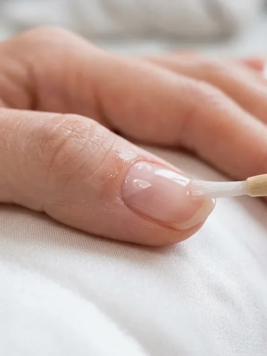 Close-up of clear base coat being brushed onto a freshly prepped nail resting on white silk in diffused daylight