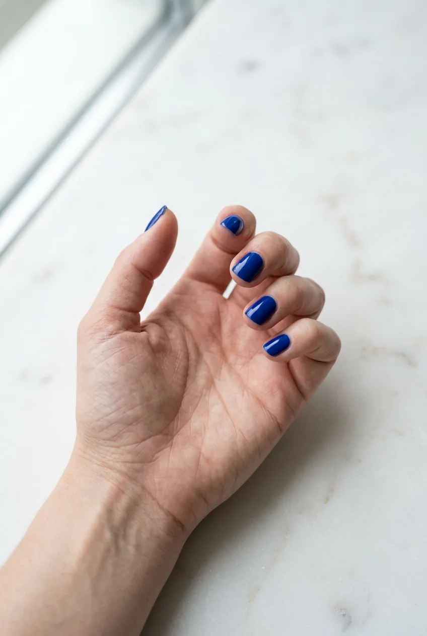 Close-up of a hand with flat cobalt blue nails resting open-palmed on a white marble surface in natural light