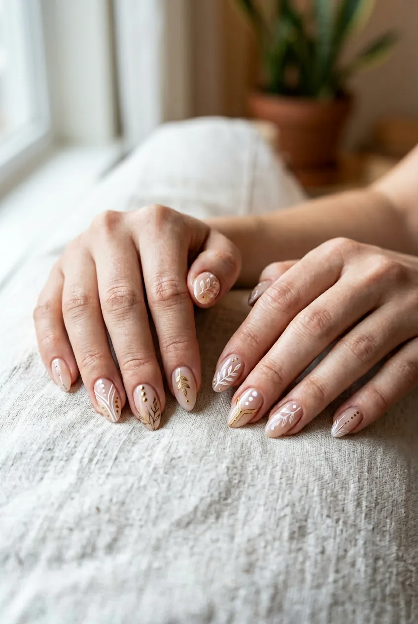 Five completed nails showing simple free-hand designs including dots, leaves and elegant line work