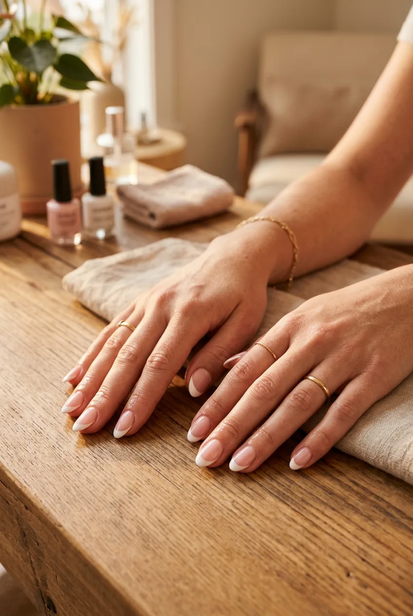 Woman's completed french tip manicure with cuticle oil applied resting on salon table under golden lighting