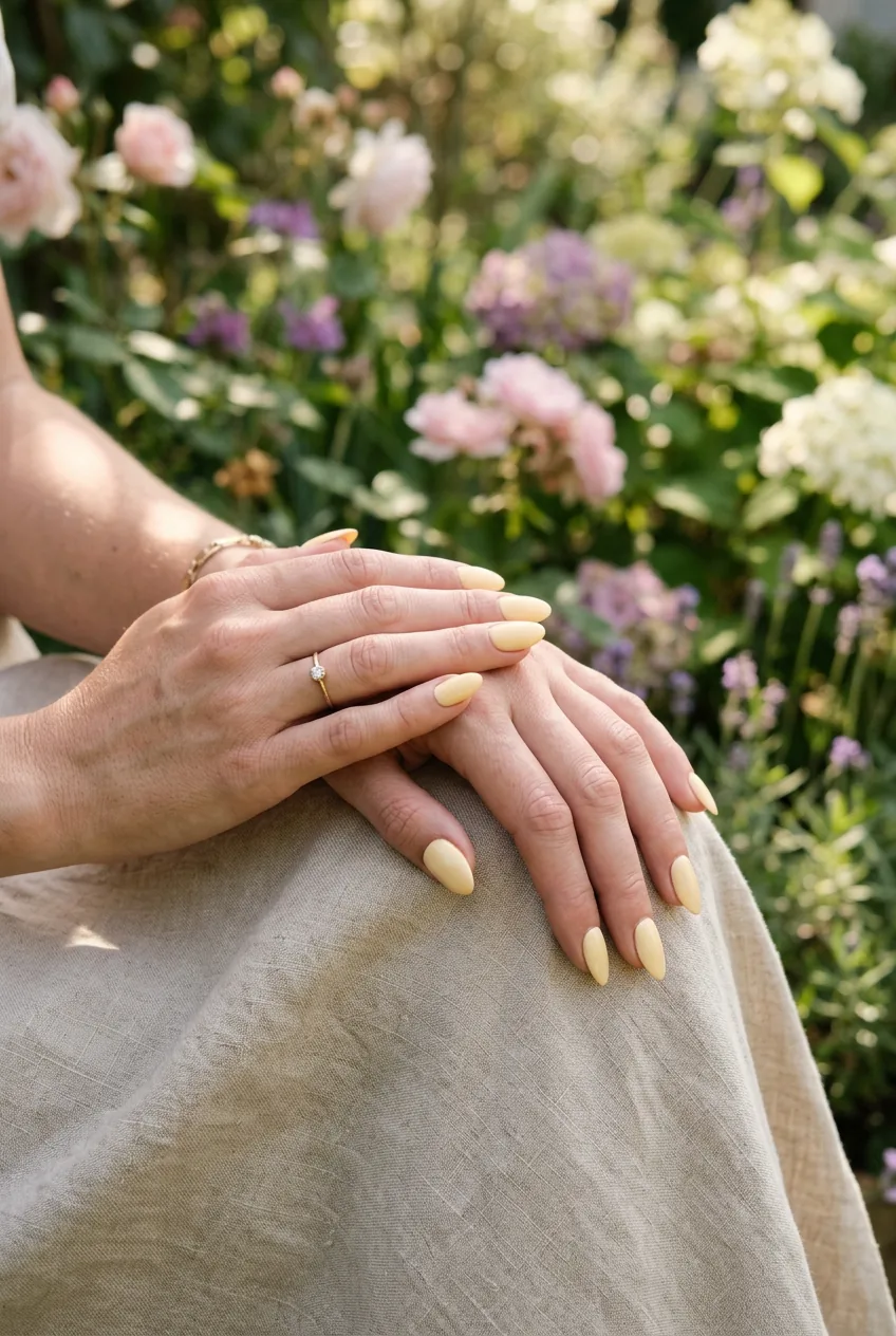 Two hands with creamy yellow almond-shaped nails resting together on a linen fabric in dappled garden light