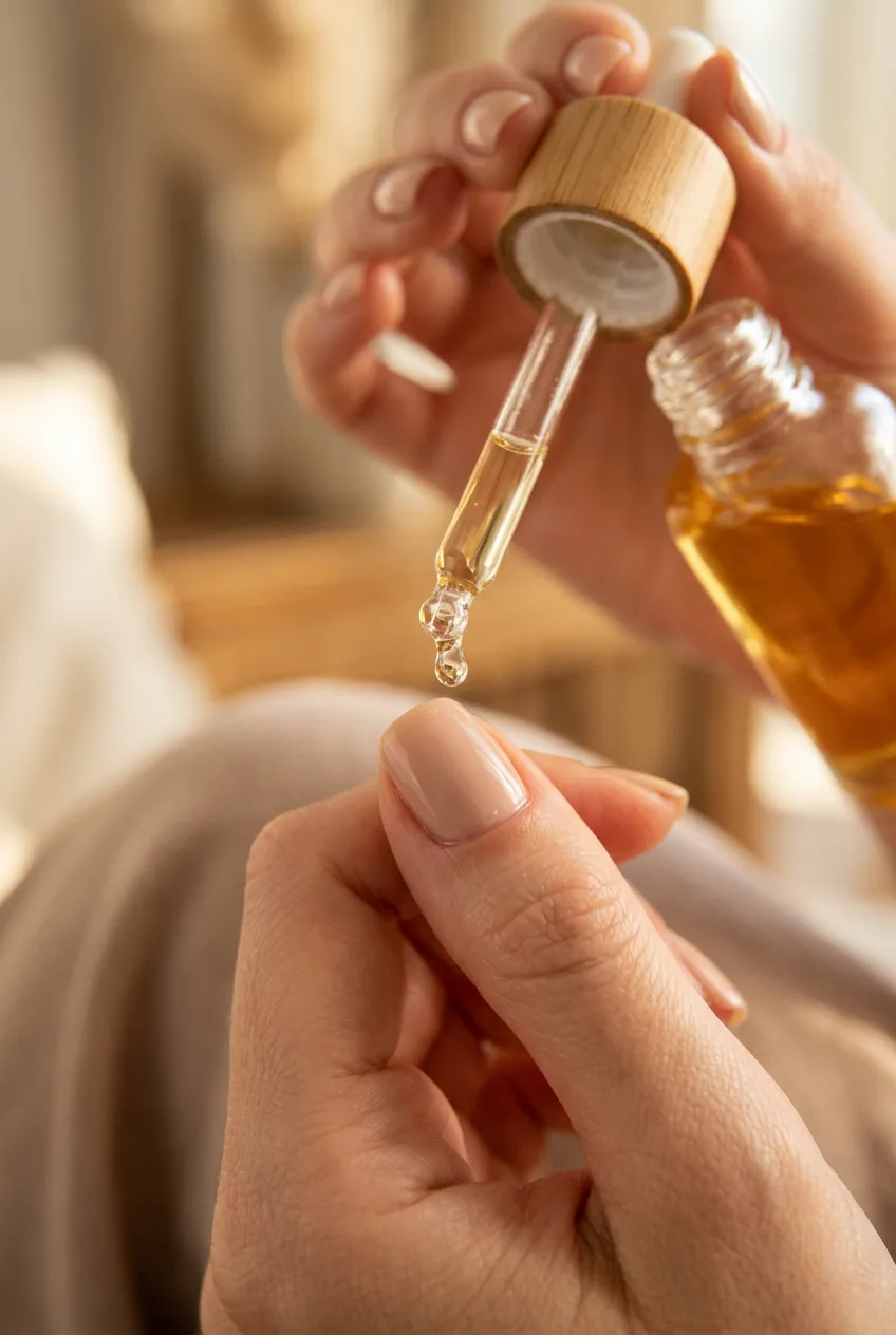 Single drop of cuticle oil falling from a dropper onto the cuticle of a fully finished nude manicured nail