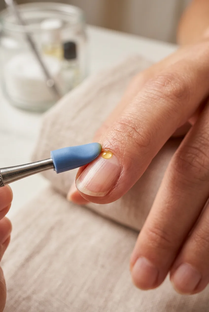 Extreme close-up of a rubber-tipped cuticle pusher pressing back the cuticle on a bare nail with a drop of golden oil at the base