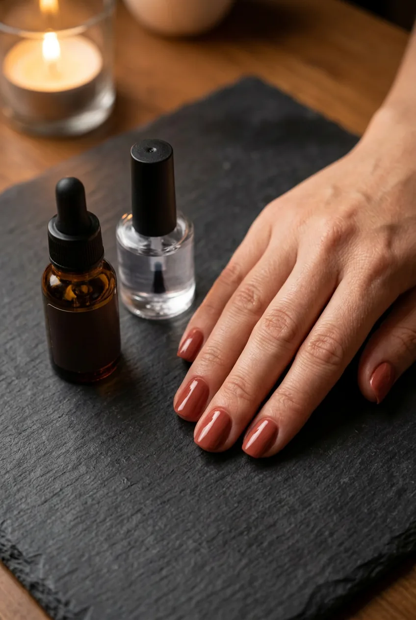 Overhead flat-lay of cuticle oil and topcoat bottles beside a woman's hand with sealed muted brick autumn nails