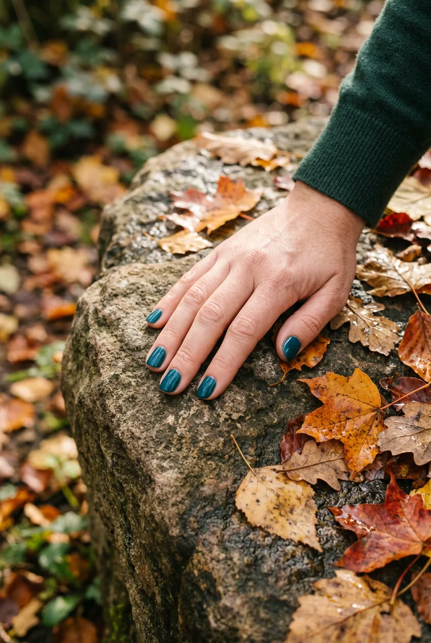 Woman's hand on a stone surface beside autumn leaves wearing deep peacock teal cream-finish nails in afternoon daylight
