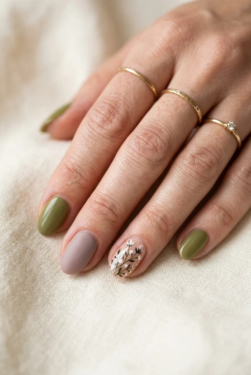 Woman's hand with accent nail featuring delicate hand-painted floral line art with tiny stems and leaves