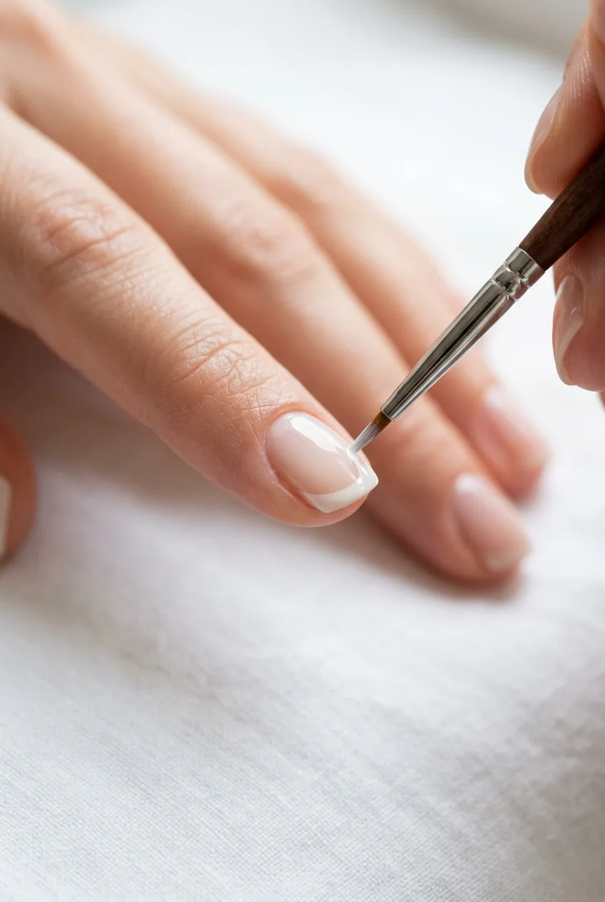 Small detail brush applying a fine stroke of milky white polish along the free edge tip of a nail at a slight angle
