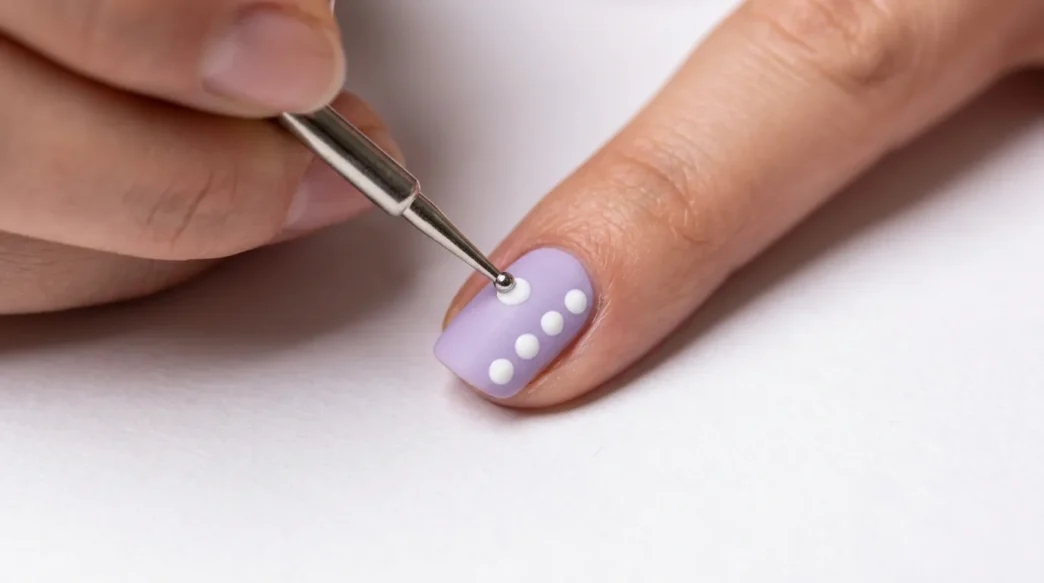 Metal dotting tool placing precise dot of polish on pastel nail with uniform dot pattern visible