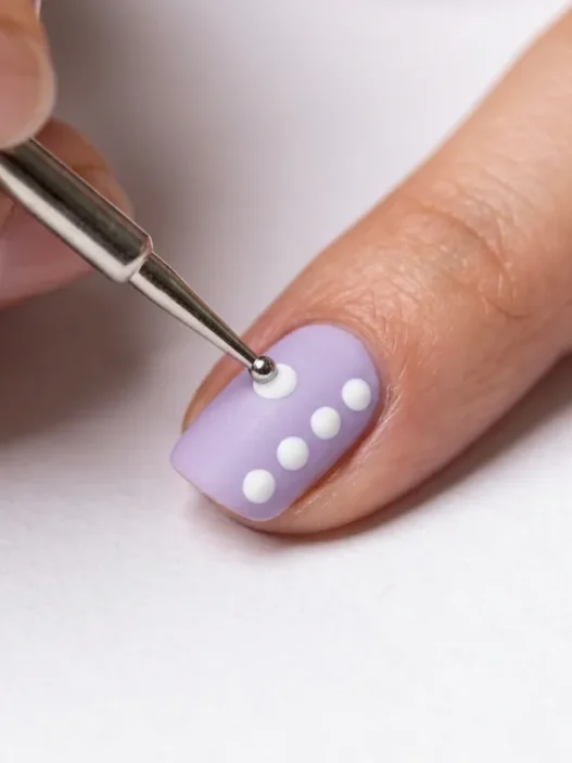 Metal dotting tool placing precise dot of polish on pastel nail with uniform dot pattern visible