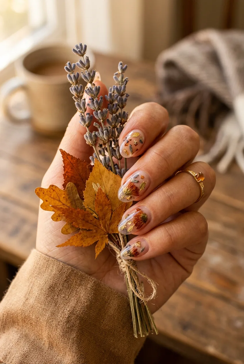 Woman's hand holding dried lavender with encapsulated dried flower gel nails showing rust chrysanthemum petals at varying depths
