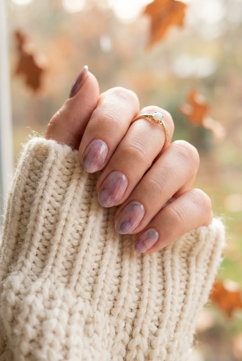 Close-up of manicured hand with dusty mauve watercolor gel nails in dreamy hazy tones on cream chunky knit cuff