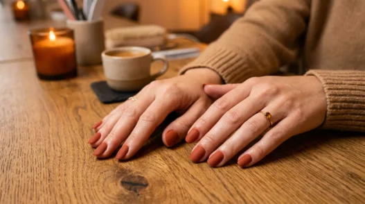 Woman's hands fanned elegantly on a salon table showing ten finished terracotta matte nails in warm amber lighting