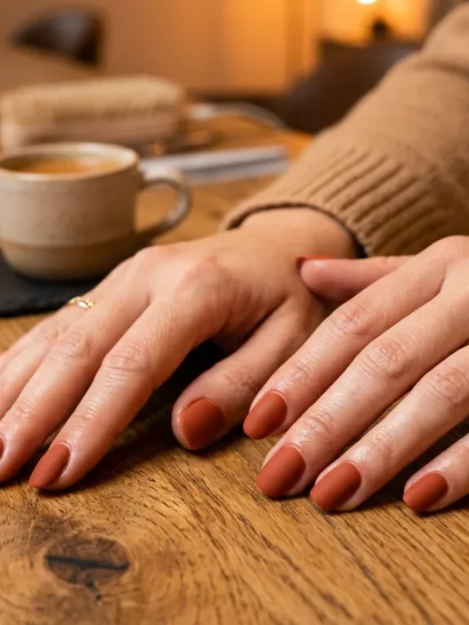 Woman's hands fanned elegantly on a salon table showing ten finished terracotta matte nails in warm amber lighting
