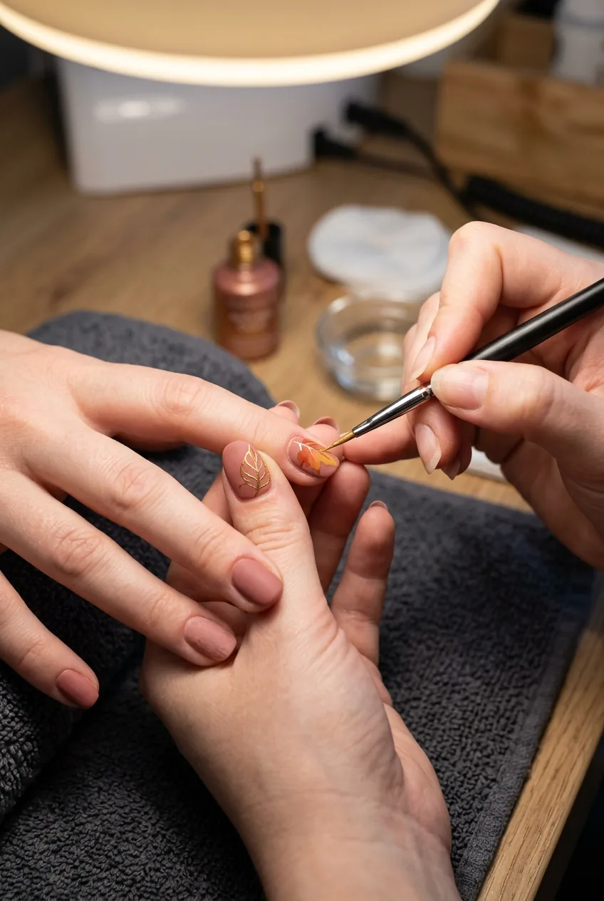 Close-up of a fine nail art brush applying gold leaf vein detail over dried-rose base on autumn accent nails